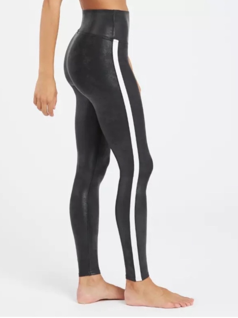 Spanx Faux Leather Leggings Pant Medium Shiny Side Stripe Black White Pull On